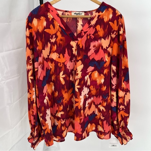 Haptics By Holly Harper NEW Floral Abstract Top Size 3XL V Neck Smocked Sleeves - Picture 2 of 11
